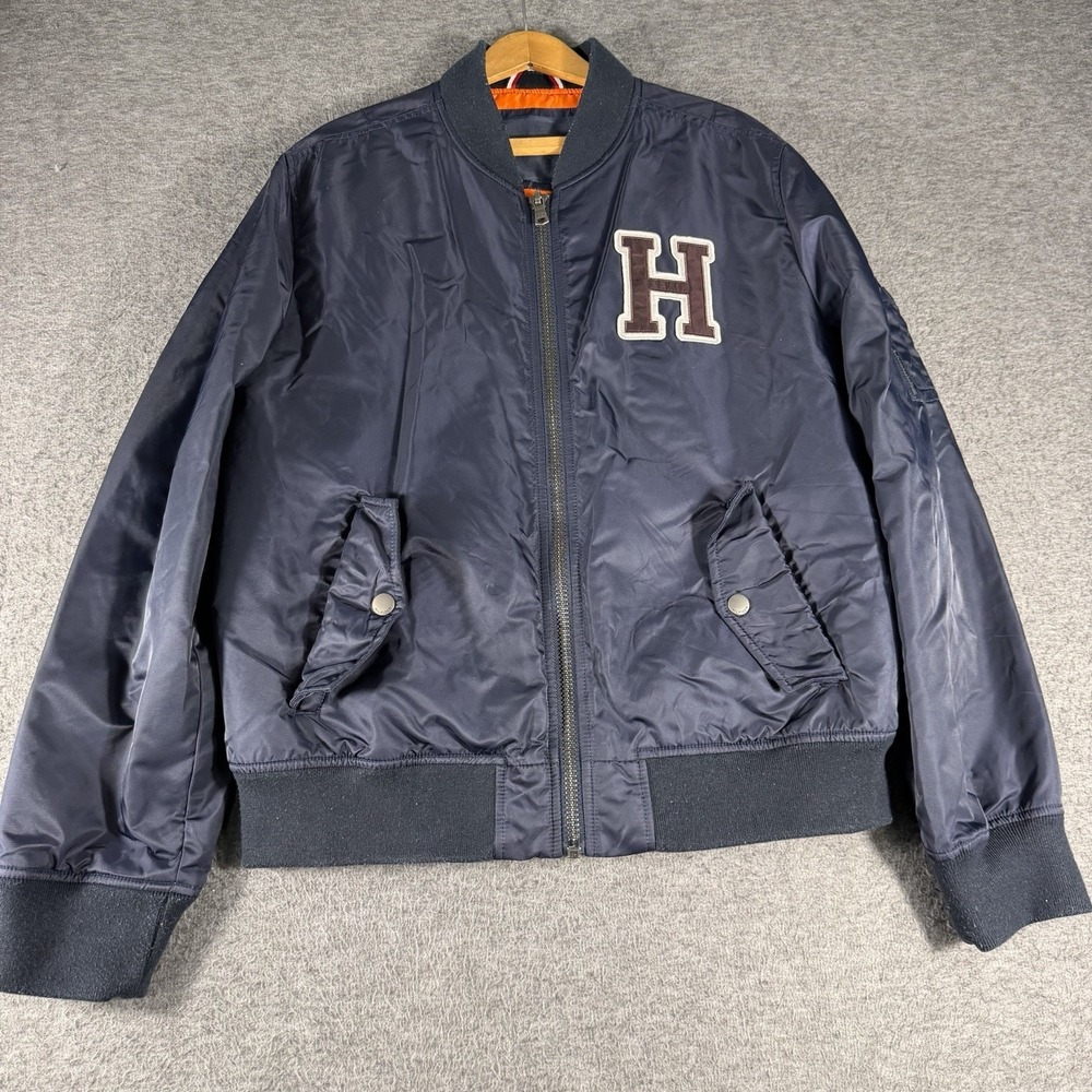 Vintage Tommy Hilfiger Men's Y2K Varsity Bomber Navy Size M Preppy H Letterman
